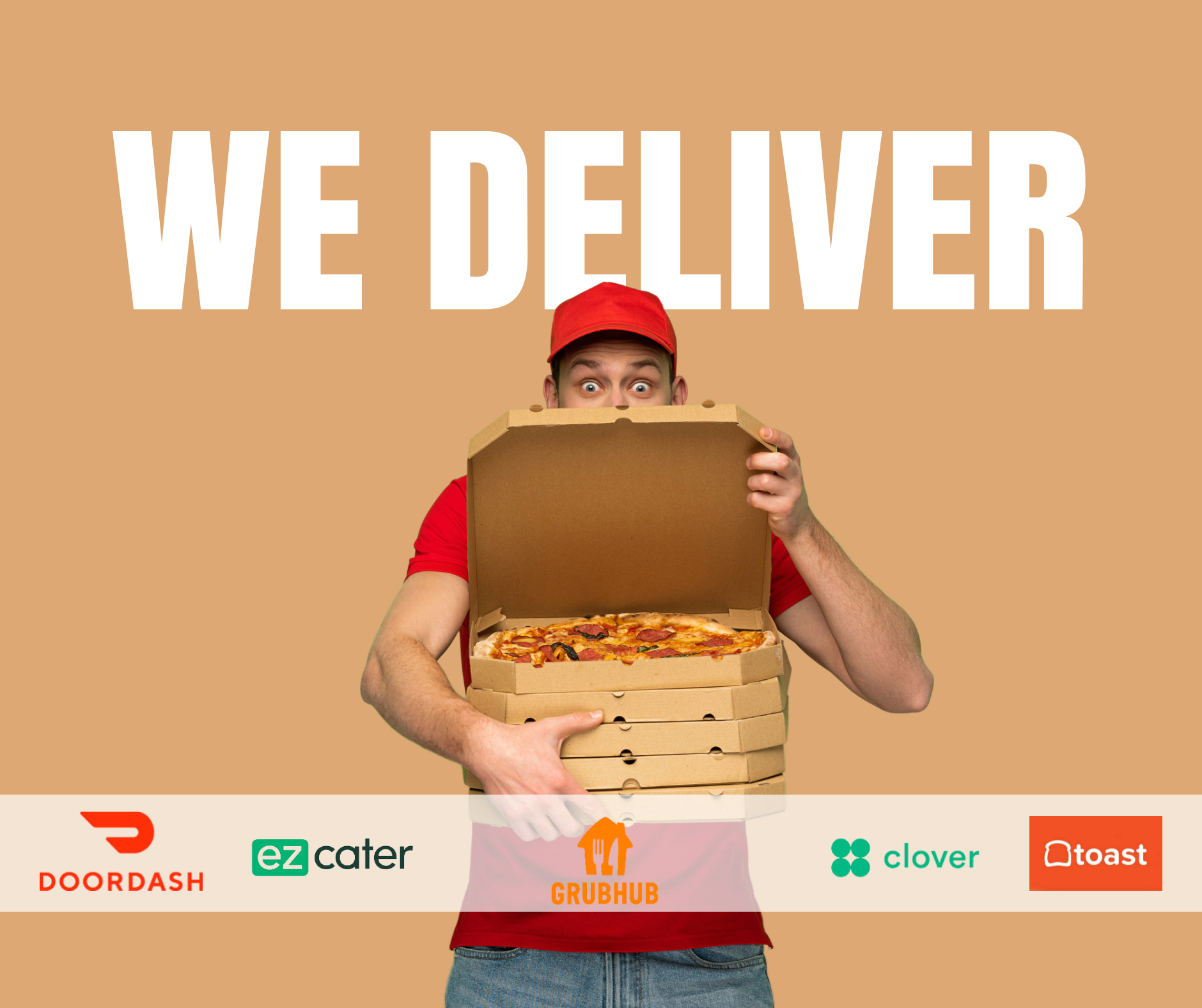 We Deliver - Delivery person with pizza boxes and delivery service logos
